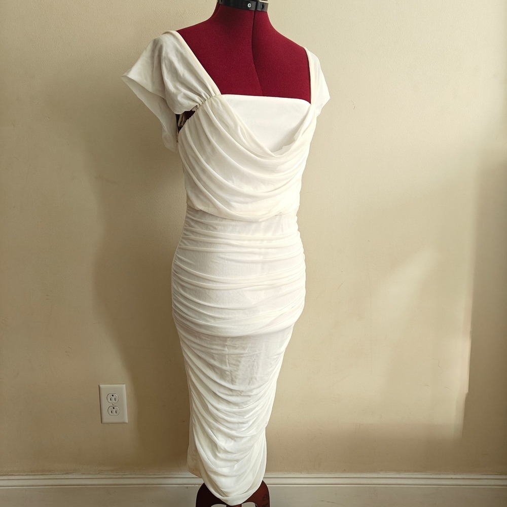 New Shein Mod Dress White Bodycon Ruched Midi‎ Square Neck Short Sleeve Bridal